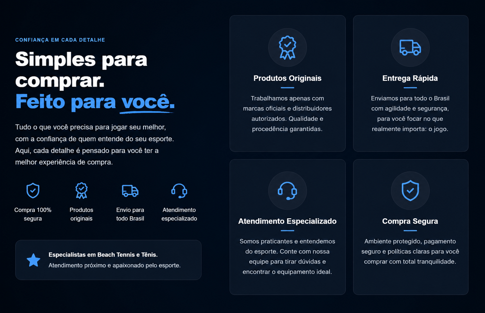 Diferenciais da Alcantara Sports: produtos originais, entrega rápida, atendimento especializado e compra segura.